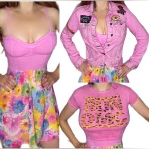 🎀 Set of 3 🎀 Pink Psychedelic Jean Jacket + Dress & Crop Run DMC Tee 100% Cotton